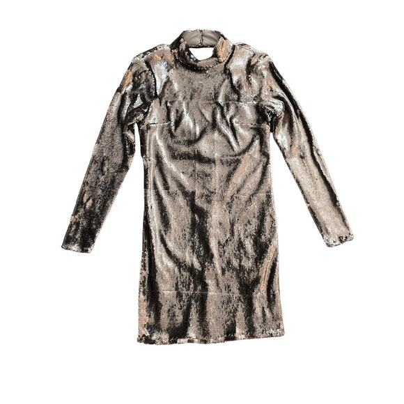 ASOS Silver Sequined Metallic Long Sleeve Open Back Mini Party Dress Size 6 - Picture 1 of 5